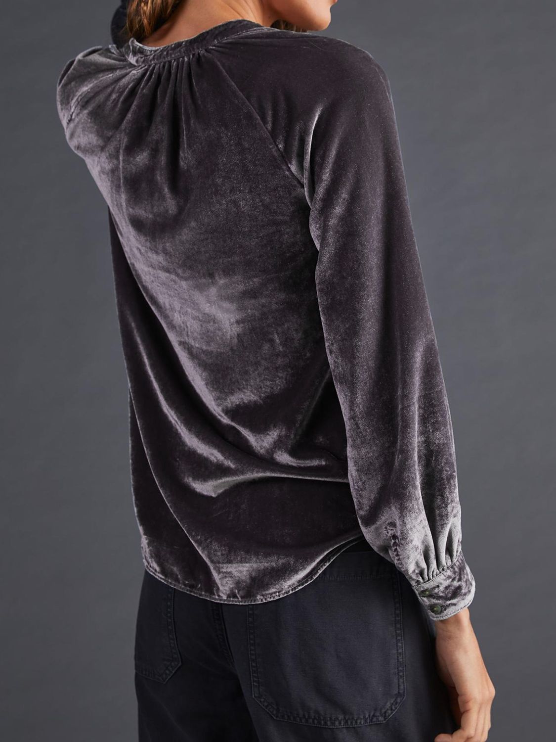 Velvet gathered yoke blouse in dusty blue with buttoned cuffs.