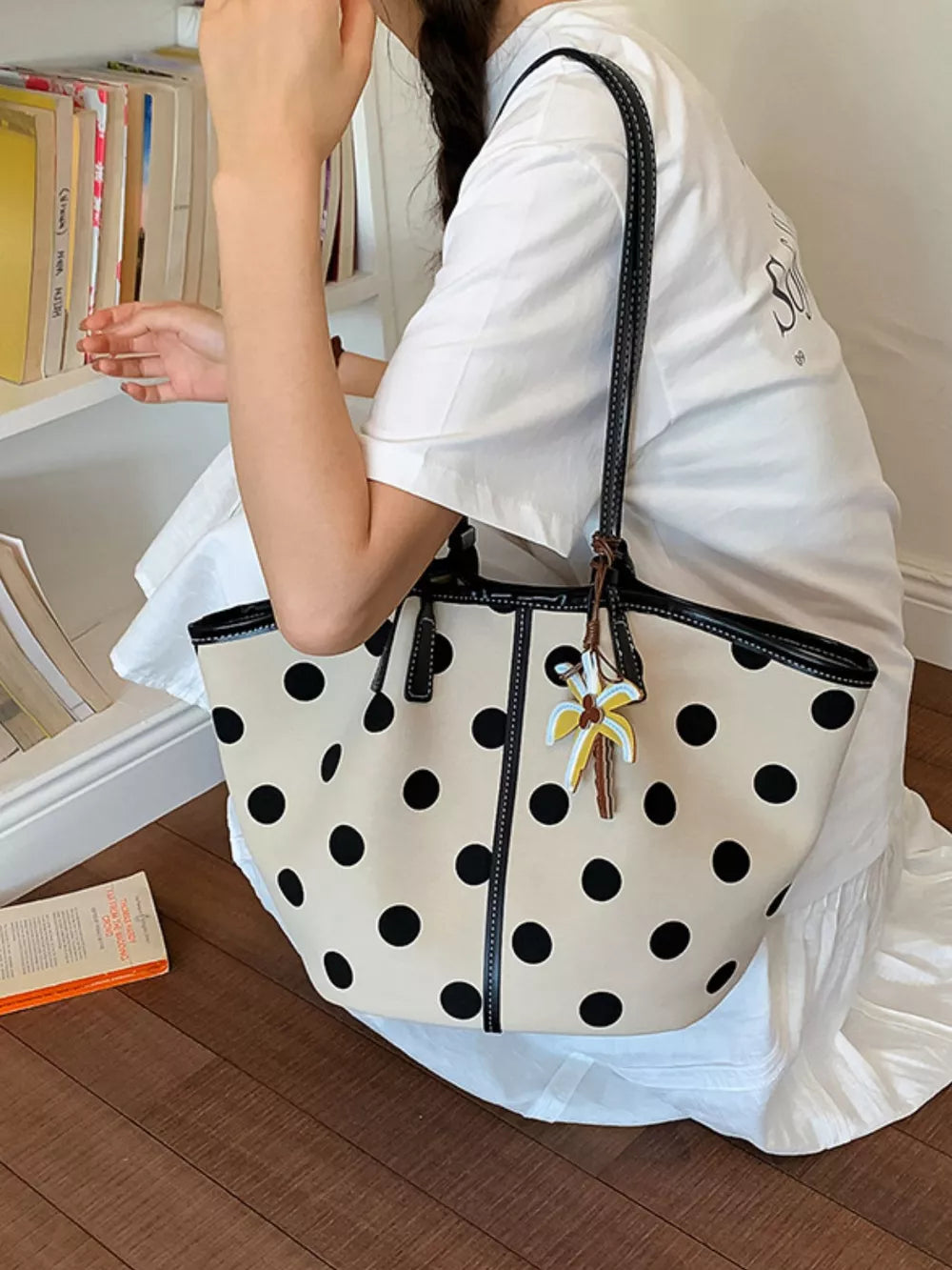 Polka Dot Shoulder Bag in White, side view