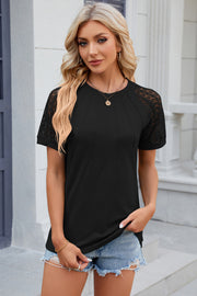 Black lace raglan sleeve ribbed tee with pintuck detail on the bodice.