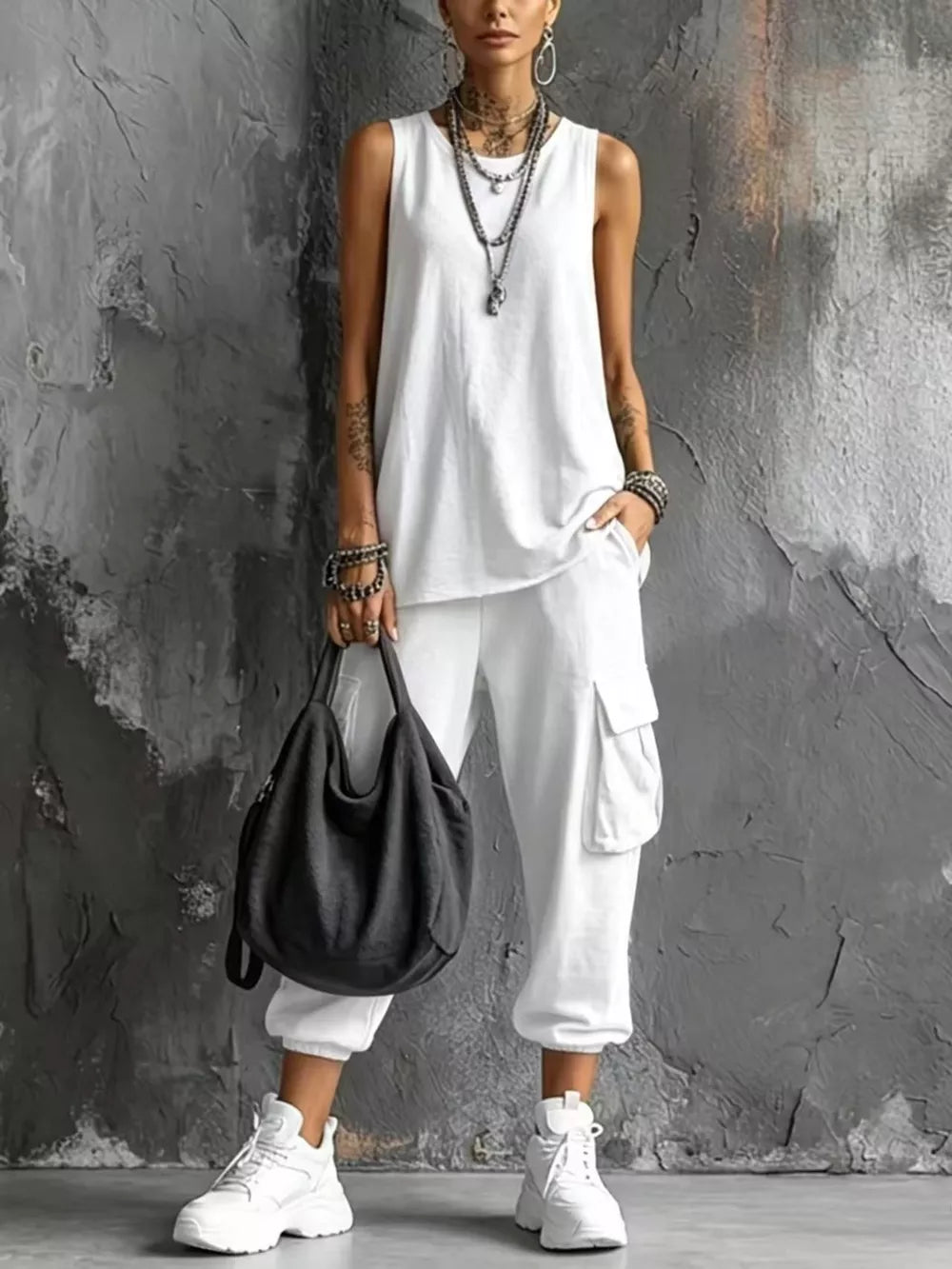 Casual Tank And Cargo Pants Set Plus Size in Sky Blue, close-up detail