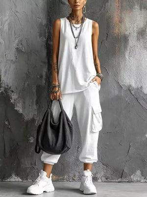 Casual Tank And Cargo Pants Set Plus Size in Sky Blue, close-up detail