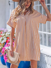 Striped V-neck shift mini dress with short sleeves in orange and white.