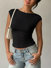 Black cap-sleeve maternity t-shirt with boatneck and lace trim detail
