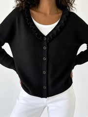 Ruffled Neckline Button-up Cardigan in White, view 19