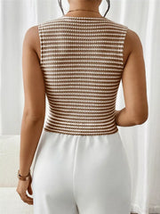 Chic striped knit v-neck tank top in taupe and white, sleeveless, cropped fit.