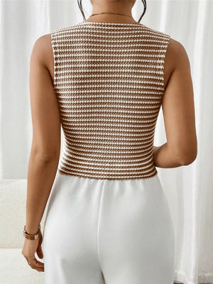 Chic striped knit v-neck tank top in taupe and white, sleeveless, cropped fit.