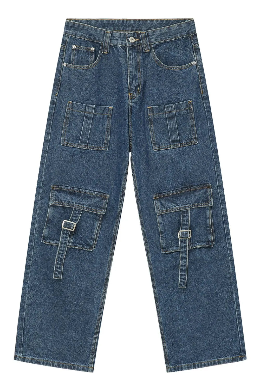 Medium wash denim cargo pants with buckle flap pockets and utility detailing.