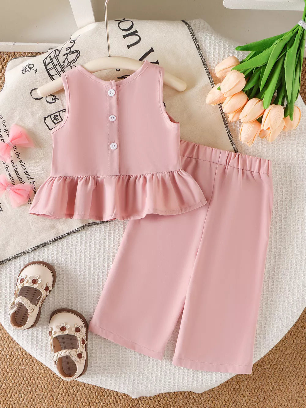 Children's Ruffled Hem Tank And Pants Set in Pink, fabric detail