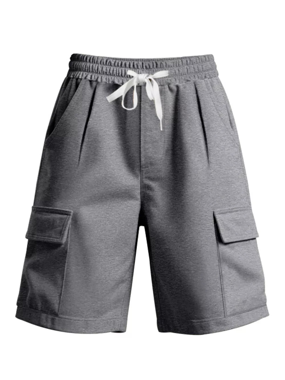 Men's light gray cargo shorts with drawstring waist and flap pockets.