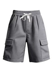 Men's light gray cargo shorts with drawstring waist and flap pockets.