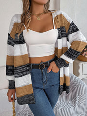 Open-front knit cardigan with horizontal stripes in camel, white, and black acrylic.