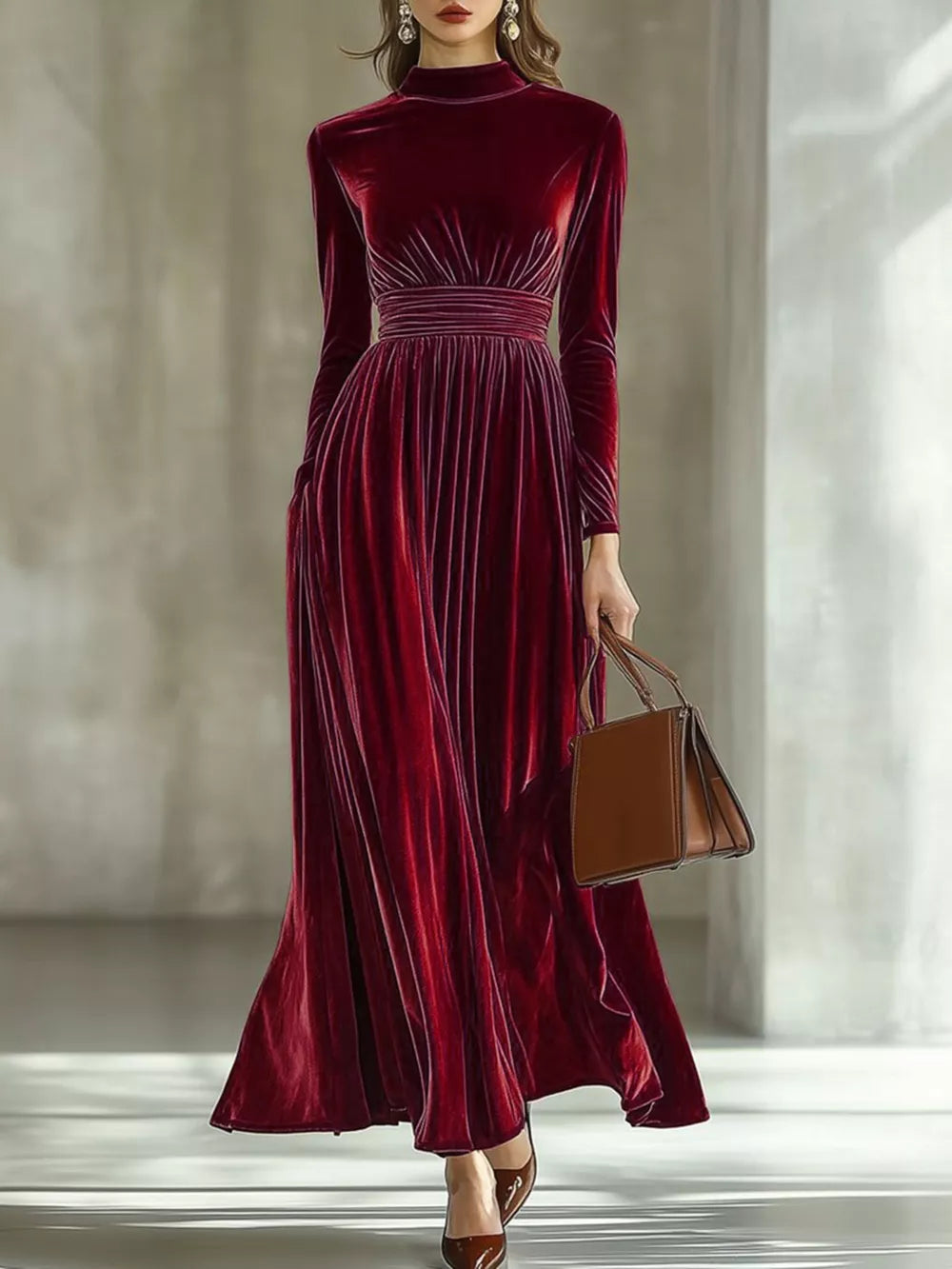 Mock Neck Long Sleeve Maxi Dress in Caramel, front view