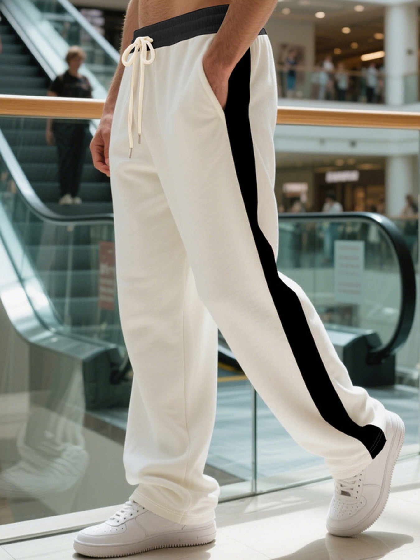 Men's white sweatpants with black side stripe and drawstring waist