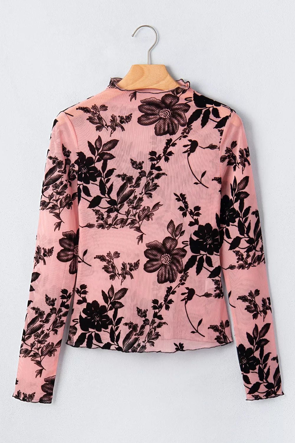 Floral Print Mesh Long Sleeve Blouse in Dusty Pink, back view