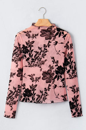 Floral Print Mesh Long Sleeve Blouse in Dusty Pink, back view