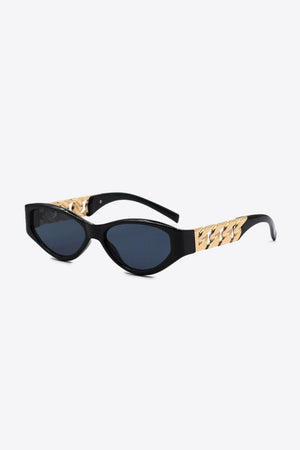 Black cat-eye sunglasses with gold chain detail on the temples.