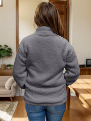 Textured sherpa zip-up jacket in dark gray with stand collar.