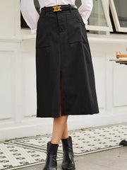 Black high-waisted midi skirt with buttoned pockets and front slit