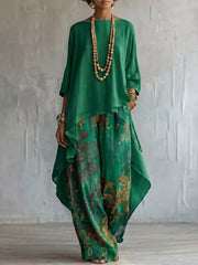 Asymmetrical Hem Top And Floral Pants Set, fabric detail