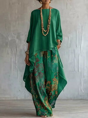 Asymmetrical Hem Top And Floral Pants Set, fabric detail