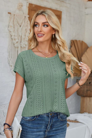 Sage green perforated eyelet cuffed tee with short sleeves and a round neckline.