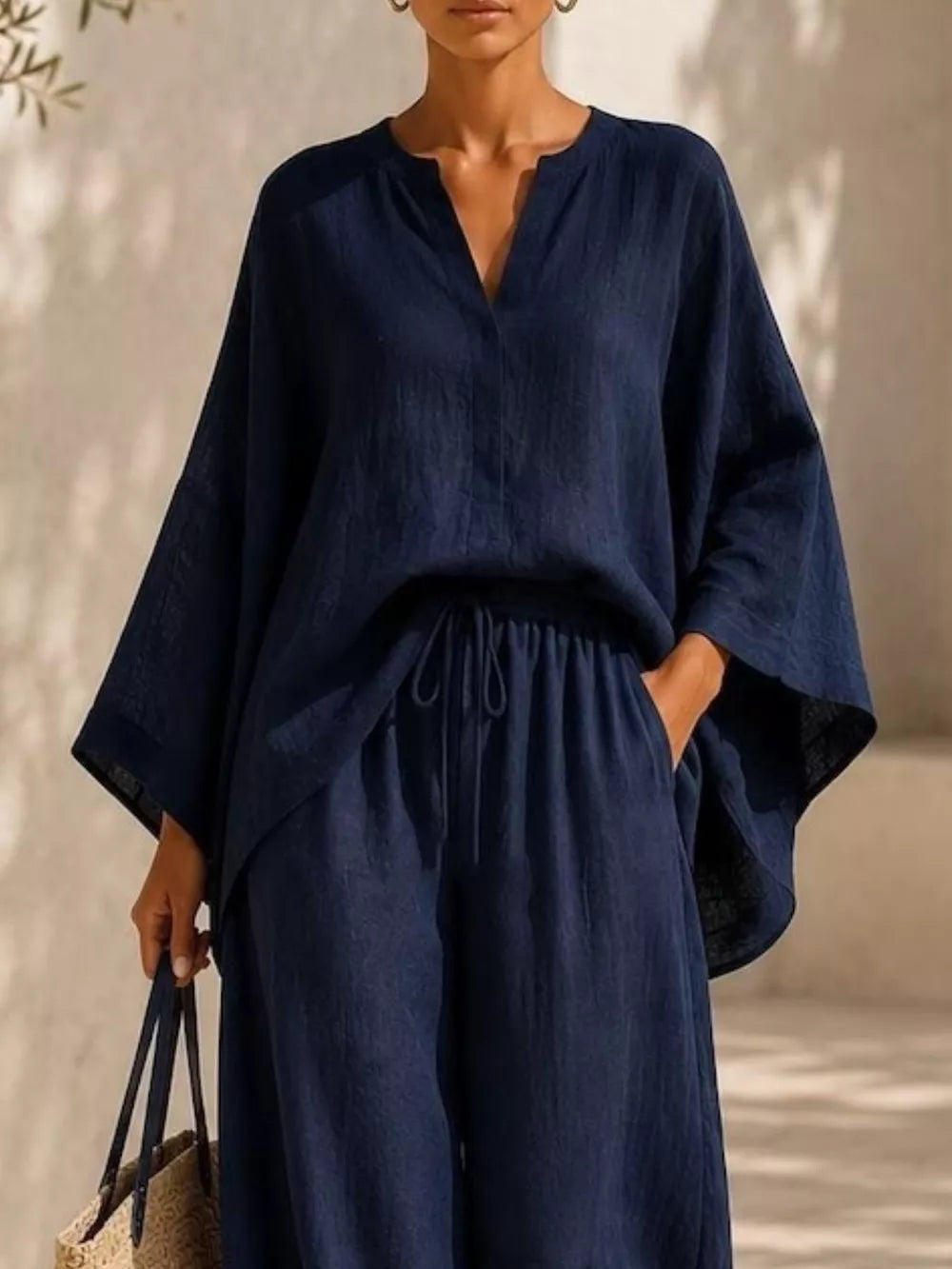 Notched Long Sleeve Top And Wide-leg Pants Set in White, fit detail