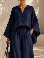 Notched Long Sleeve Top And Wide-leg Pants Set in White, fit detail