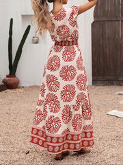Floral v-neck maxi dress with ruffled sleeves and red border print.