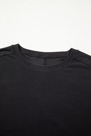 Black maternity t-shirt with crew neck and lace detail.