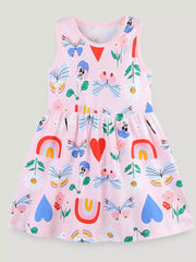 Pink cotton toddler dress with butterflies, rainbows, hearts, and flowers pattern.