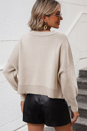 Beige cropped knit sweater with dolman sleeves and a collared neckline.