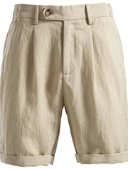 Classic khaki chino shorts with pleats, button closure, and cuffed hems.