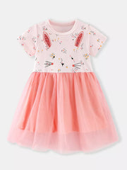 Pink bunny floral tulle toddler dress with short sleeves and a round neckline.