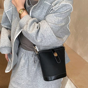 Bucket Leather Crossbody Bag in Black, front view