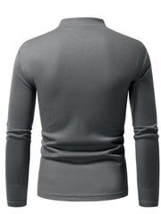 Men's dark gray waffle knit long sleeve t-shirt with a mock neck.