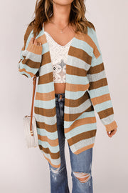 Open knit duster cardigan with horizontal stripes in multicolor acrylic.