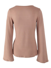 Khaki tie-front long sleeve t-shirt with bell sleeves