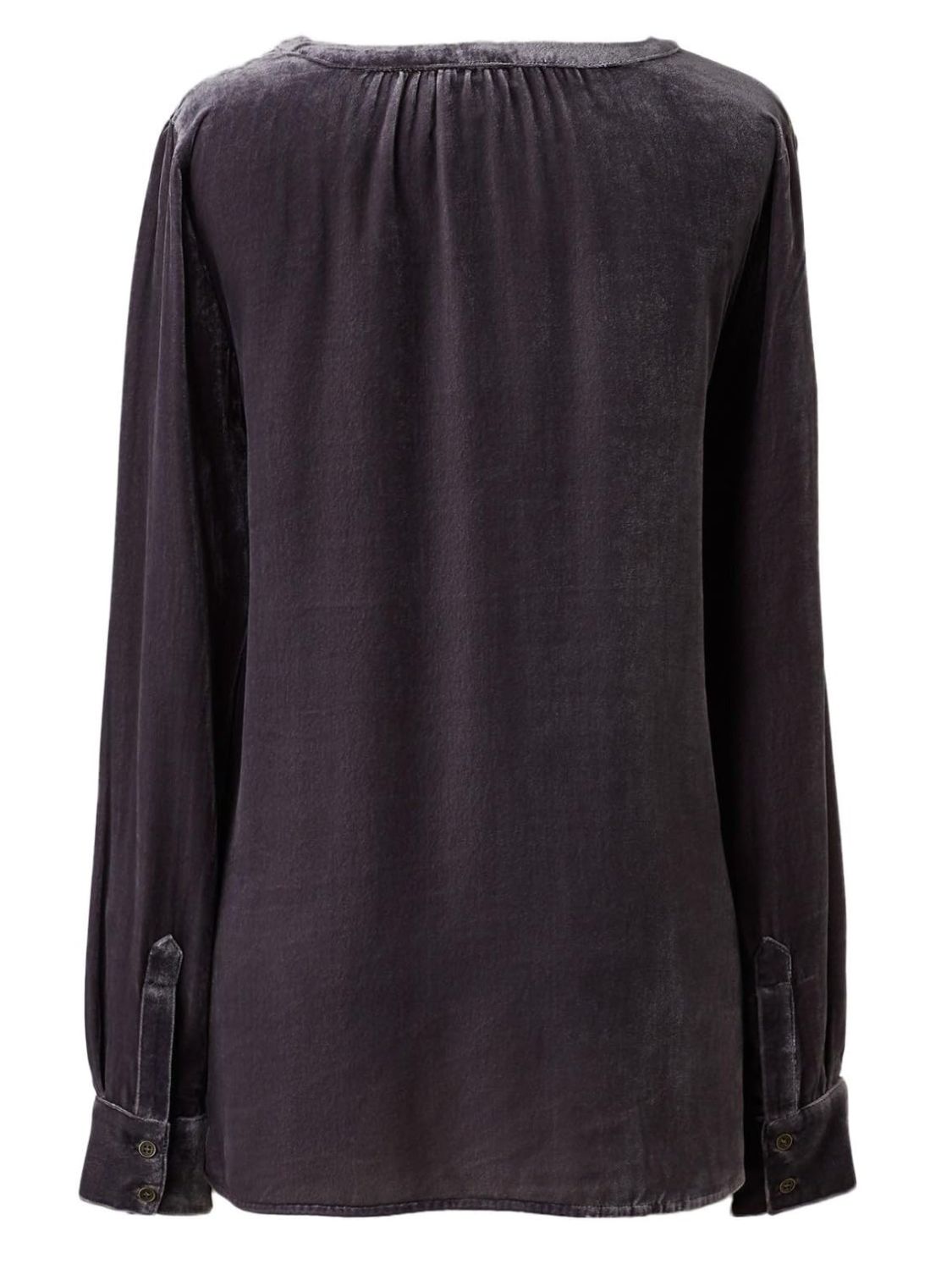 Velvet gathered yoke blouse with buttoned cuffs in a dark grey hue.