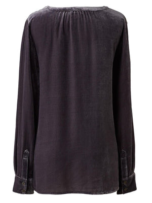 Velvet gathered yoke blouse with buttoned cuffs in a dark grey hue.