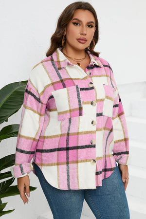 Oversized pink plaid shacket with button front and two patch pockets.