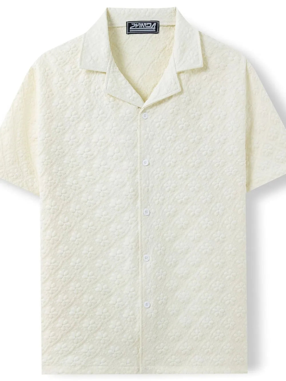 Ivory embossed floral camp collar shirt with short sleeves and button front.