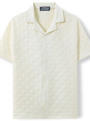 Ivory embossed floral camp collar shirt with short sleeves and button front.