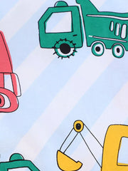 Toddler t-shirt with construction vehicle print on light blue striped background.