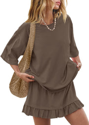 Brown relaxed fit tee and ruffled skirt set with short sleeves and a crew neck.