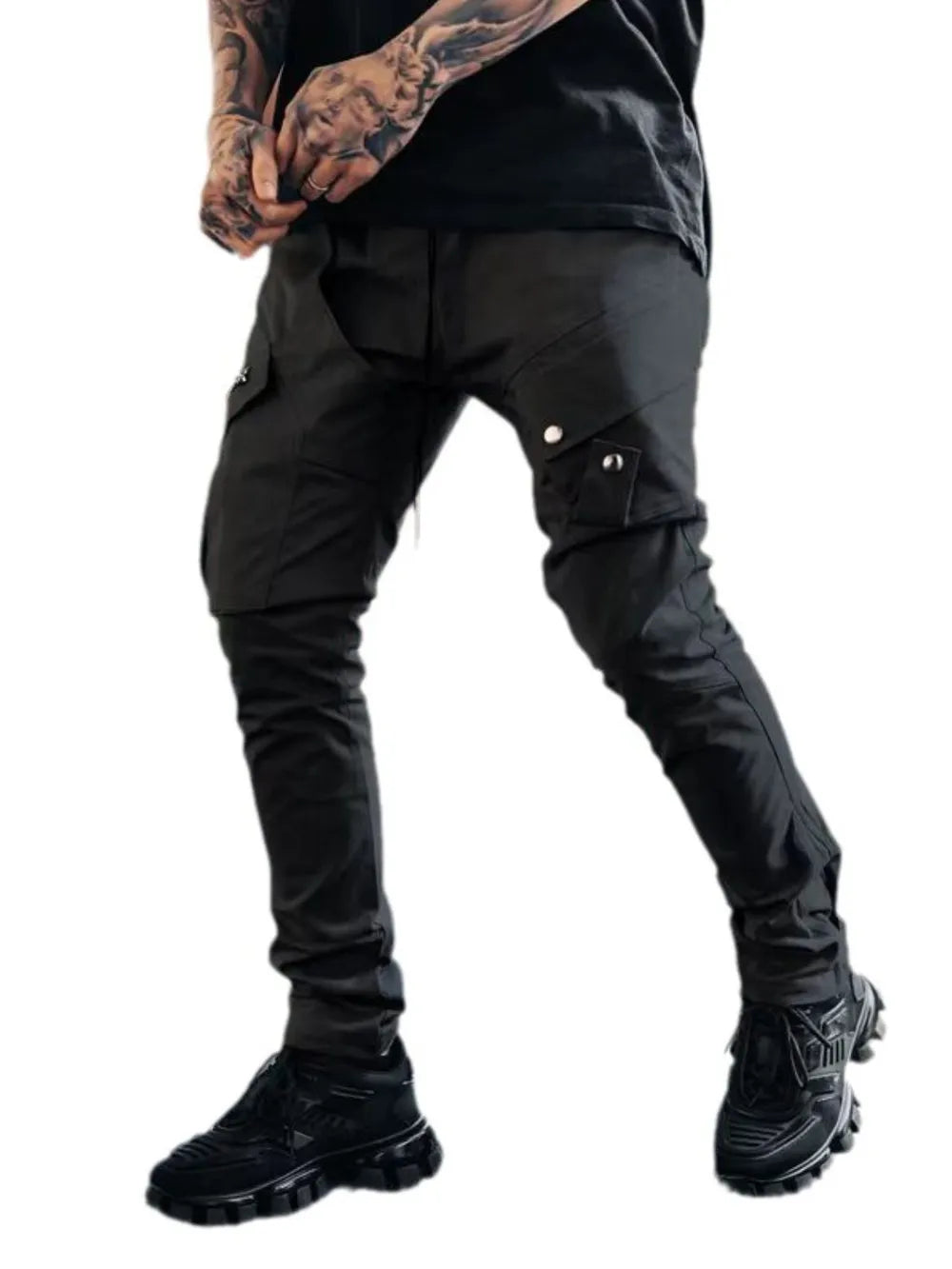 Black slim cargo trousers with zip pockets and button details