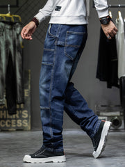 Men's dark blue 100% cotton cargo jeans with relaxed fit and visible pocket details.