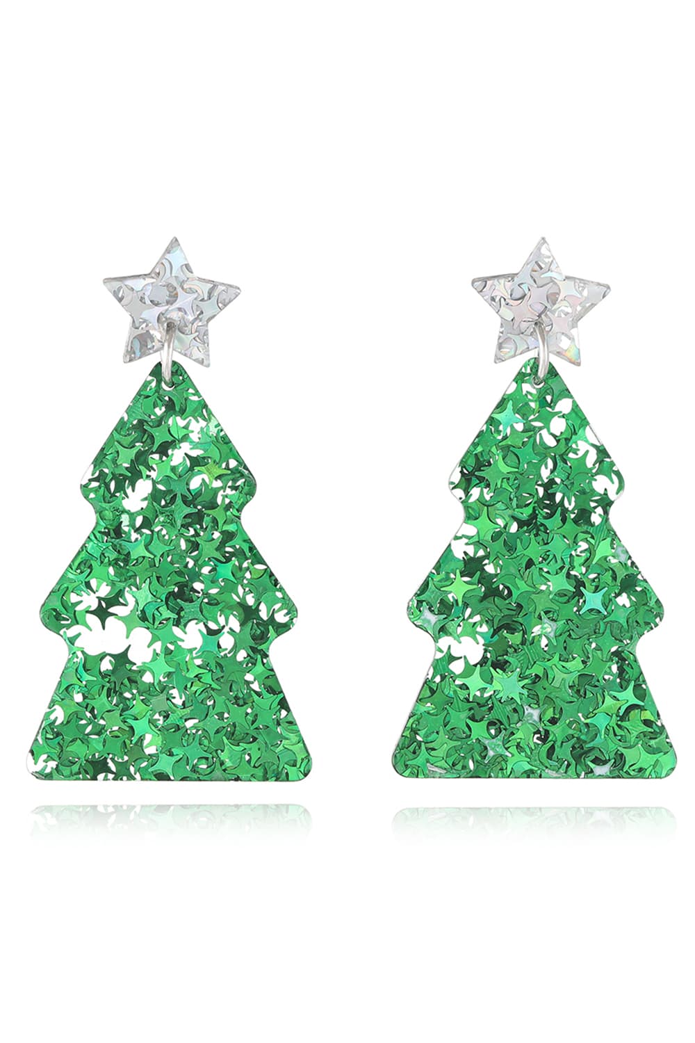 Green Christmas tree drop earrings with star detail and glitter accents