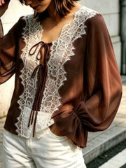 Sheer Lace-trimmed Front Tie Blouse in Khaki, fit detail