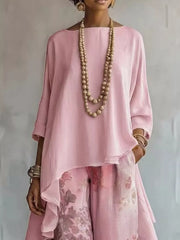 Asymmetrical Hem Top And Floral Pants Set, product detail