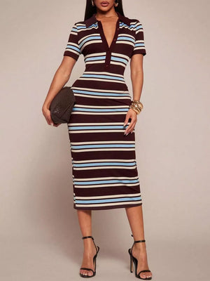 Chic striped polo midi dress in brown with blue and white stripes, buttoned neckline, short sleeves, and bodycon fit.